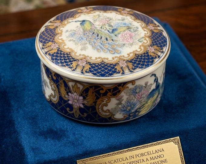 Vintage Japanese Porcelain Box - Eiwa-Gama Arita Ware - Hand-Painted Gold Peacock & Peonies - Luxury Jewelry Case - FREE SHIPPING WORLDWIDE