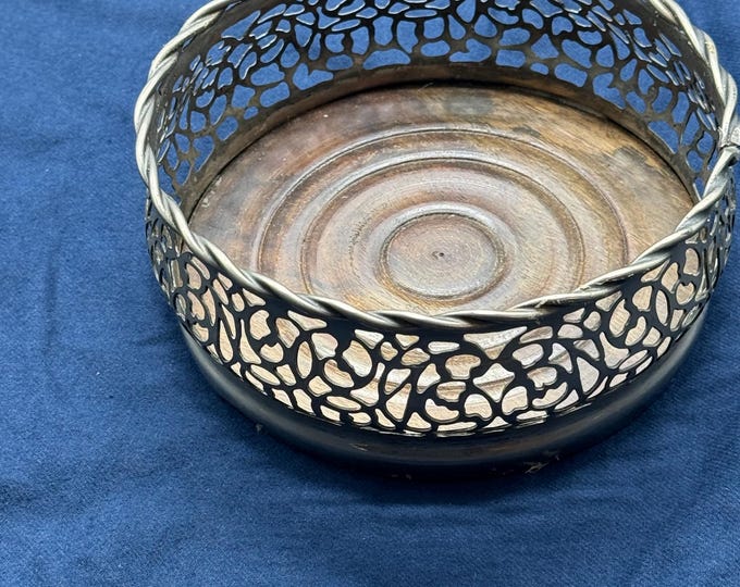 Vintage Wüstum Silver Plated Wine Coaster Pierced Gallery Wood Base Bottle Stand Mid Century Table Decor German Silverplate Barware Antique