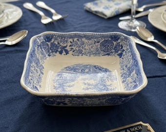 Villeroy & Boch Burgenland Blue Square Serving Bowl Rare Vintage German Ceramic Decorated Classic Landscape Tableware Collection