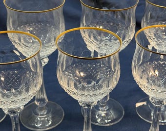 Vintage Gold Rimmed Crystal Wine & Water Glass Set, 12pc Italy, Diamond Cut Heavy Crystal, Luxury Italian Stemware, Wedding Gift, MCM Style