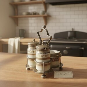 Può includere: Un set di condimenti vintage con supporto e coperchi in metallo argentato. Il set comprende due barattoli e una piccola ciotola, tutti con base color crema e decorazioni dorate e floreali. Il set è esposto su una superficie di legno in una cucina.