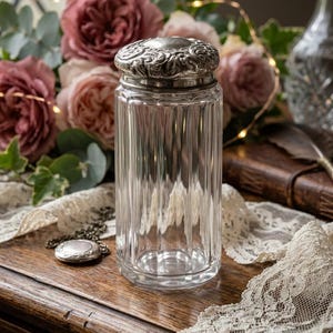 Antique Victorian Sterling Silver Crystal Vanity Jar Glass Dressing Table Pot 1900