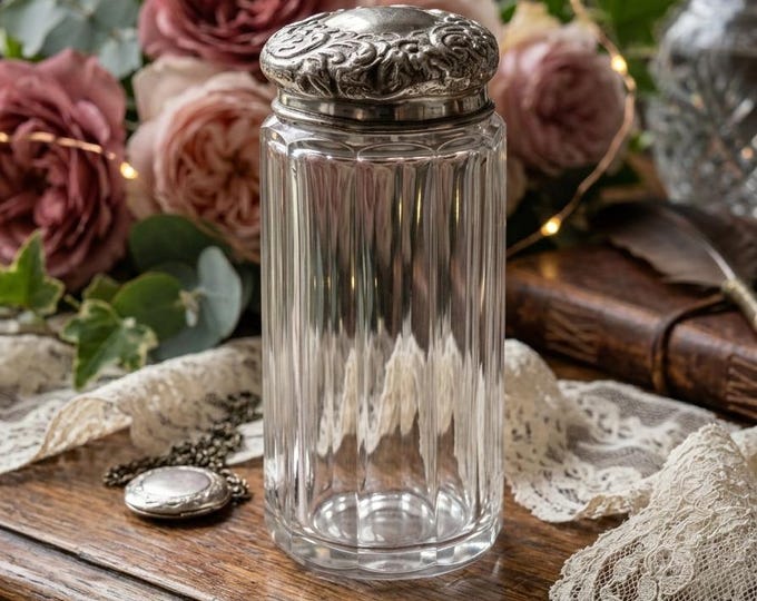 Antique Victorian Sterling Silver Crystal Vanity Jar Glass Dressing Table Pot 1900