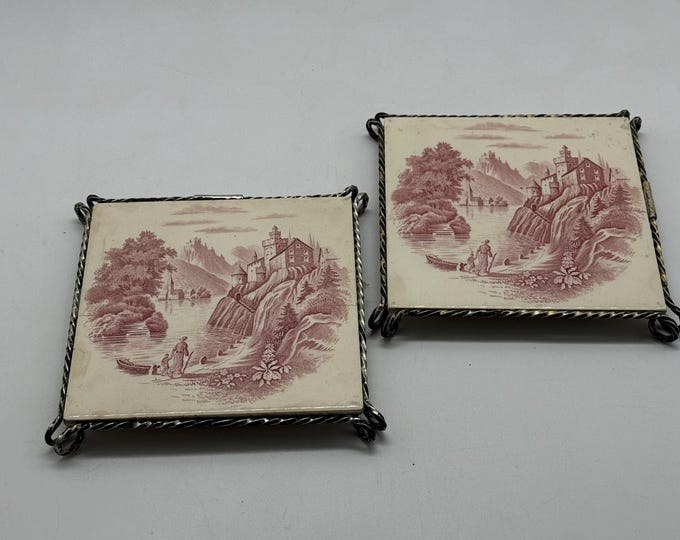 sottopentola vintage in ceramica con supporto in metallo