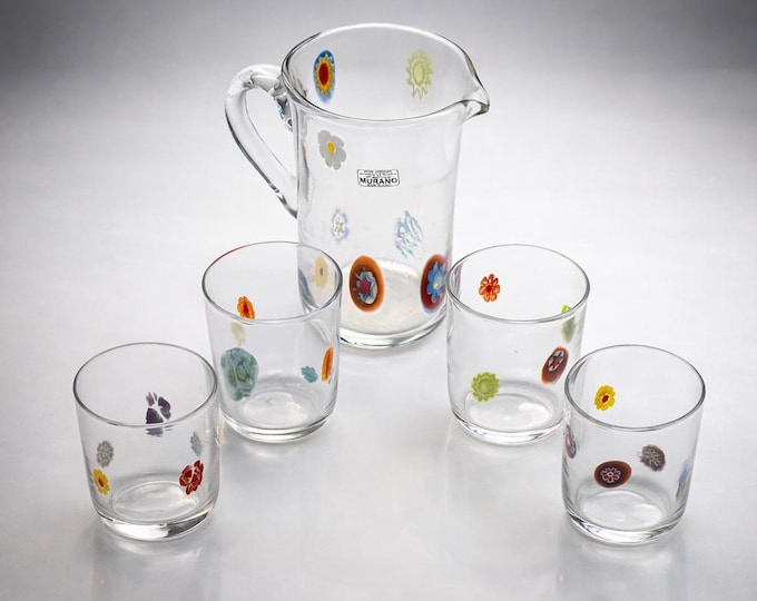 Murano glass carafe and 4 hand-blown and hand-opened glasses with murrine inserts.