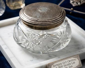 Antique Cut Crystal Vanity Box 800 Solid Silver Lid Trinket Jar Art Deco Powder Case Vintage Dressing Table Decor Jewelry Casket