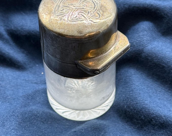 Antique English Sterling Silver & Cut Glass Vanity Jar – Art Nouveau Monogram Lid, Hallmarked Birmingham 1913