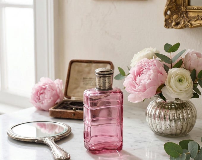 Antique Art Deco Perfume Bottle in Pink Glass and 800 Silver | Vintage Collectible Vanity Bottle