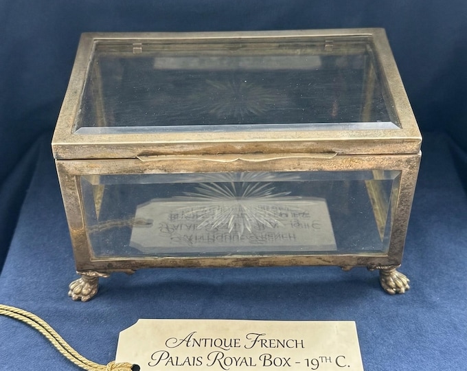 Antique French Palais Royal Glass Jewelry Casket Beveled Glass Gilt Brass Box Cut Star Pattern Lion Paw Feet XIX Century Vintage Luxury Deco