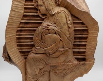 Unique Hand Carved Walnut Wood Sculpture Madonna & Child Hodegetria 24" Bulgaria