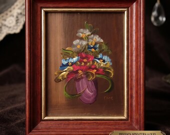 Miniature Oil on Copper Flowers 12 x 15 cm / 4.7x5.9 in, Signed Nive, Cherry & Gold Frame, Italian Vintage Art, Floral Still Life, Gift Idea
