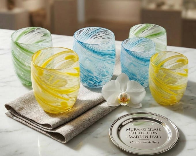 Set of 6 Authentic Murano Glass Tumblers Handblown in Italy Colorful Venetian Drinking Glasses Swirl Design Luxury Home Gift New 2018 Stock