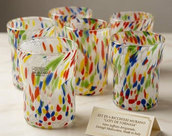 Set of 6 Murano Glass Tumblers Goti de Fornasa Multicolor, Hand-Blown Made in Italy, Water & Cocktail Glasses, Luxury Table Decor, Wedding