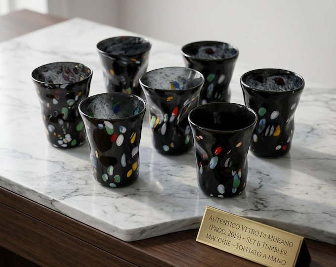 Set of 6 Murano Glass Tumblers New 2019 Hand-Blown Black Multicolor, Italian Design Pebble Macchie Glassware, Luxury Tableware Made in Italy