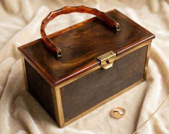 Vintage 1950s Lucite Box Bag Brown Marble Tortoise Shell Purse Mid-Century Modern Handbag Carved Bamboo Handle Jewelry Box Evening Clutch