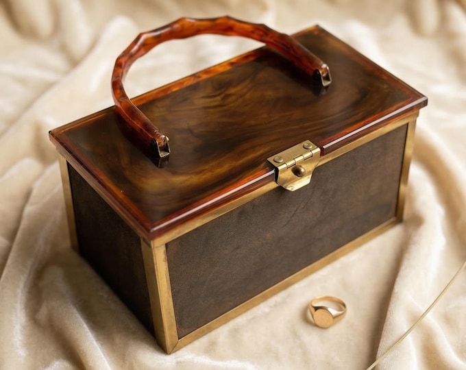 Vintage 1950s Lucite Box Bag Brown Marble Tortoise Shell Purse Mid-Century Modern Handbag Carved Bamboo Handle Jewelry Box Evening Clutch