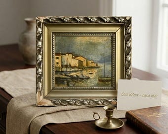 Antique Italian Coastal Oil Painting Impressionist Maritime Seascape Small Gold Framed Harbor Village Marine Art Vintage Fine Art Gift