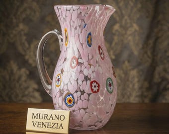 2019 Murano Glass Pitcher Pink Millefiori Venetian Hand Blown Creamer Artistic Murrine Collection Acqua Granda Made in Italy Vintage Vase