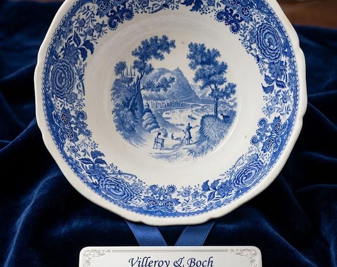 Villeroy & Boch Burgenland Blue Serving Bowl, Vintage German Ceramic Scalloped Salad Bowl, Antique Blue White Transferware, Made in Germany