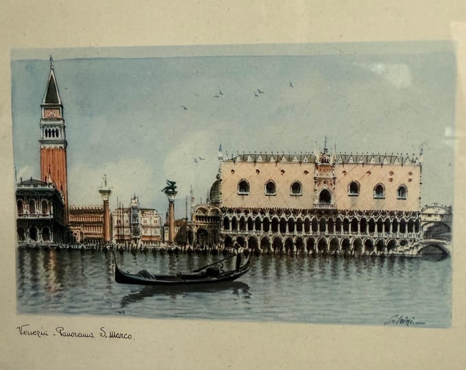Watercolor by Carlo Salvini (1824-1899) “Venice panorama of St. Mark’s”