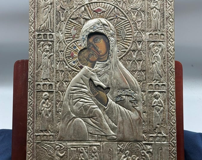 Large Antique Russian Icon Madonna of Vladimir 30 x 40 cm, Silvered Riza Oklad, Orthodox Sacred Art, Mother of God of Tenderness, Museum Piece