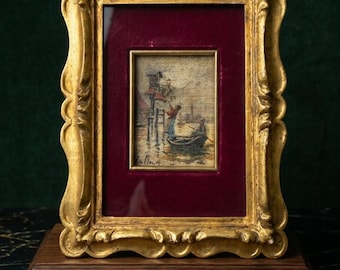 Antique Venice Oil Painting, Miniature Venetian Gondola Art, Ornate Gold Frame, Signed Italian Impressionist Art, Grand Tour Italy Gift