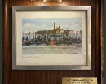 Carlo Salvini Original Watercolor Painting Venice San Giorgio Maggiore, Antique Italian Fine Art, Venetian Seascape, Signed Italy Wall Decor