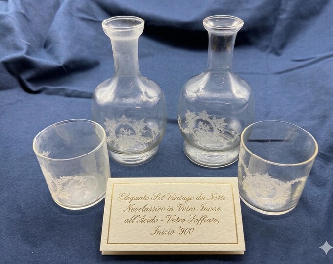 Antique Night Set Etched Glass Floral Garlands 2 Water Perfume Bottles 2 Matching Tumblers Neoclassical Edwardian Style Vintage Collection