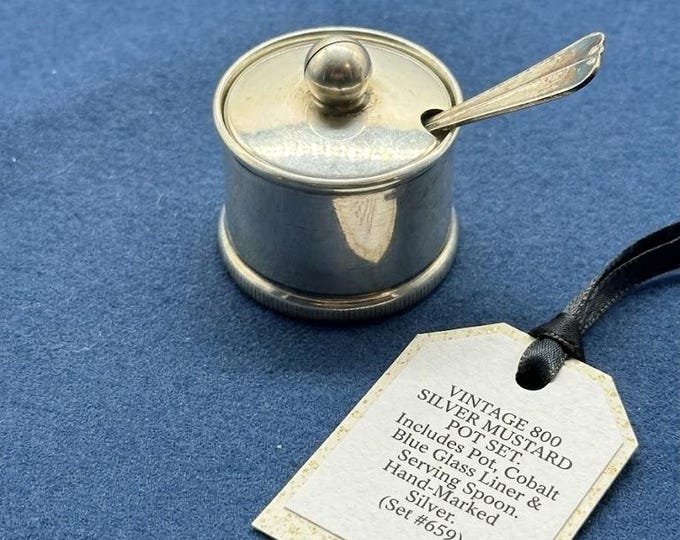 Vintage 800 Silver Mustard Pot with Cobalt Blue Glass Liner and Spoon, Mid-Century Italian Silver Salt Cellar, Elegant Tableware, Gift Idea