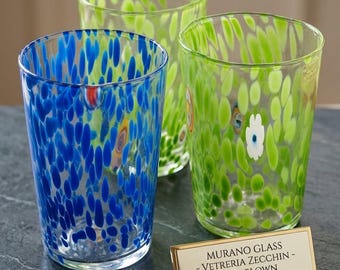 Set of 3 Murano Glass Tumblers Vetreria Zecchin, Original Goti de Fornasa, Handblown Venetian Glass with Murrine, Colorful Made in Italy Art