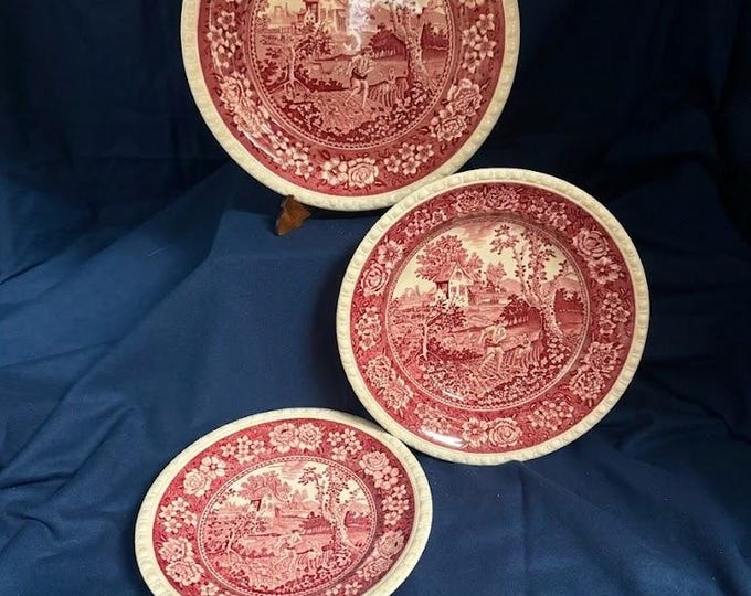 Villeroy Boch Rusticana Red Dinnerware Set 18pc, Service for 6, Vintage German Red Transferware, Country Farmhouse Kitchen, Plates & Bowls