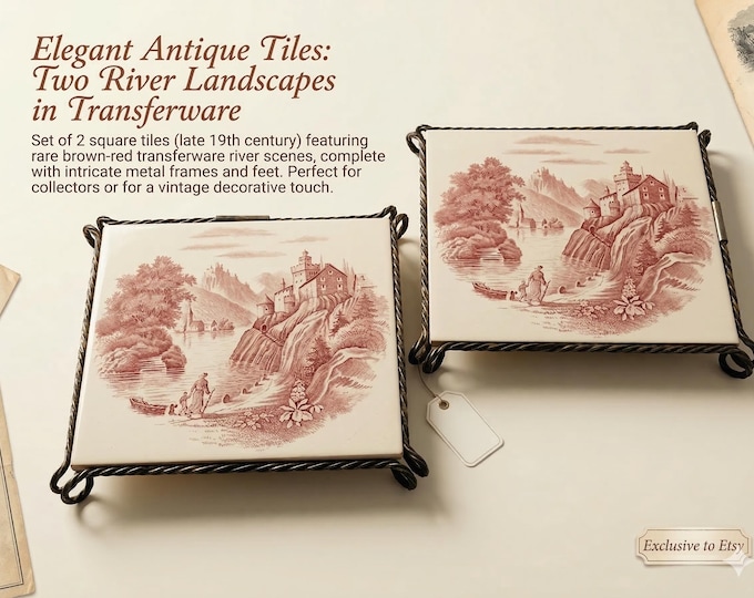 Antique Villeroy & Boch Mettlach Tiles, Set of 2 Transferware River Landscapes, Metal Frames, Rare German Pottery, Late 19th Century