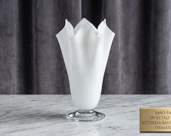 Authentic Murano Glass Fazzoletto Vase by Santa Chiara (1994) Signed White Lattimo Glass Handblown Mid-Century Modern Style – Made in Italy