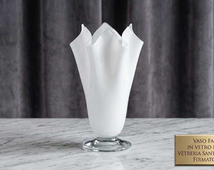 Authentic Murano Glass Fazzoletto Vase by Santa Chiara (1994) Signed White Lattimo Glass Handblown Mid-Century Modern Style – Made in Italy