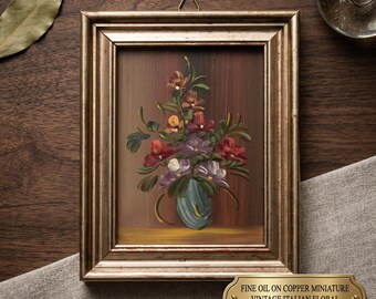 Fine Floral Oil on Copper Miniature 12 x 15 cm Gold Frame, Italian Still Life, Vintage Small Flower Painting, Collectible Art, Shabby Chic