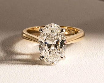 Anillo de compromiso de corte ovalado cultivado en laboratorio, anillo de bodas de diamante solitario con engaste de cuatro garras, cuerpo de catedral, lujoso regalo de aniversario.
