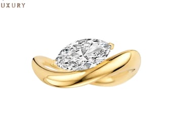 3 Ct Marquise Cut Lab-Grown Diamond Engagement Ring, Twisted Gold Band Solitaire Ring, Modern Bypass Setting, Unique Proposal Ring for Her