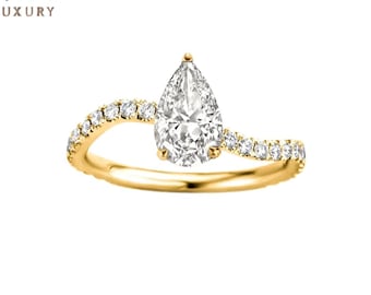 4.0 Ct Pear-Shaped Lab Diamond · Curved Round Gold Band · Promise luxury  · Elegant Solitaire Engagement Ring · Gift for Her