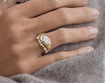 2 Ct Marquise Cut Lab-Grown Diamond Engagement Ring, Twisted Gold Band Solitaire Ring, Modern Bypass Setting, Unique Proposal Ring for Her