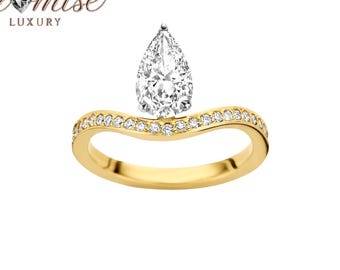 3.5 Ct Lab Grown Diamond Pear Engagement Ring – Wave Band in 14K Solid Gold – Elegant Proposal Ring for Her