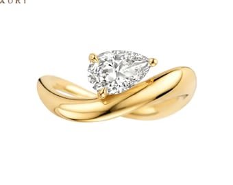 Pear Cut Lab-Grown Diamond 3.0 CT Engagement Ring, Twisted Gold Band Solitaire Ring, Modern Bypass Setting, Unique Proposal Ring for Her