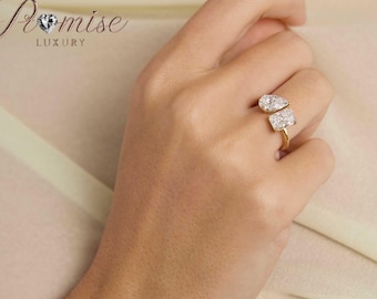 2.0 Ct Pear and Radiant Lab Diamonds in Open Band Design, Luxurious Double Stone Ring , Romantic Toi et Moi Engagement Ring for Her