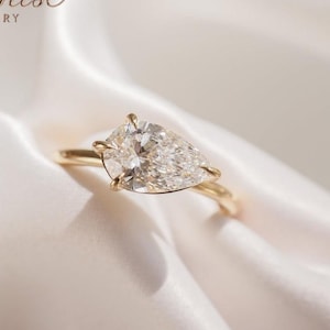 Pear Cut Lab-Grown Diamond Engagement Ring, East-West Solitaire ring 14K Solid Gold CVD Diamond Wedding Ring Trendy Bridal Jewelry for Women
