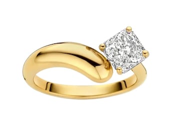 Cushion Cut Lab Grown Diamond Engagement Ring – 3.0 Ct Solitaire in 14K Gold Bypass Setting – Elegant Sculptural Bridal Ring