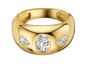 Oval Cut Lab Grown Diamond Three Stone Engagement Ring – 4.0 Ct TW with Pear Side Diamonds – 14K Gold – Exquisite Luxury Wedding