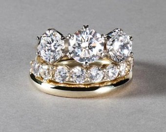 Anillo de compromiso de tres piedras, con forma de corazón, corte redondo, cultivado en laboratorio, anillo de bodas de oro, regalo de aniversario para mujer.