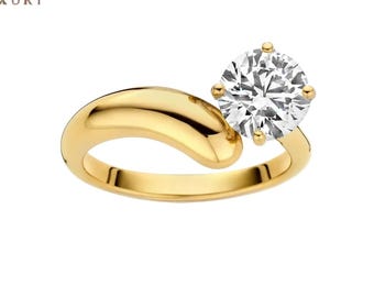 4.0 Ct Round Brilliant Lab-Grown Diamond Engagement Ring, 14K Yellow Gold Bypass Solitaire, Modern Minimalist Ring for Her