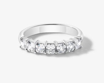 Alianza de boda con diamantes Asscher de siete piedras, anillo nupcial clásico, joyería minimalista de lujo en oro de 14 quilates, alianza atemporal, regalo para ella