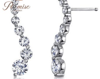 Graduated Diamond Ear Climber Earrings, 14K White Gold — Round Line Crawler Studs, Dainty Minimal Bridal Gift by Promise Luxury