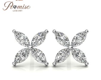 Marquise Diamond Flower Stud Earrings, 14K White Gold — 4-Stone Floral Cluster Studs, Dainty Minimal Bridal Gift, Promise Luxury Jewelry